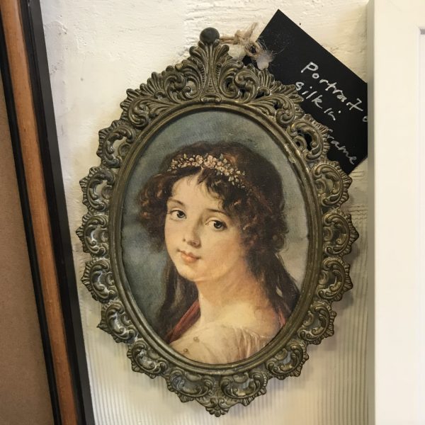 Lovely Portrait In Silk In Brass Frame