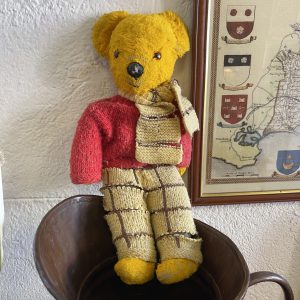 Lovely vintage Rupert The Bear with hand knitted clothes. Well loved