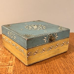 Blue and yellow decorative hand painted and hand decorated wooden box