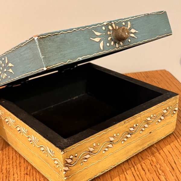 Blue and yellow decorative hand painted and hand decorated wooden box - Image 3