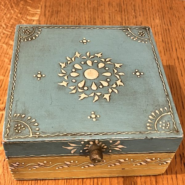 Blue and yellow decorative hand painted and hand decorated wooden box - Image 4