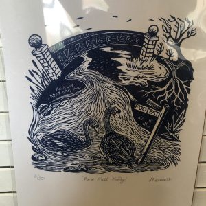 Bere Mill Bridge Linocut Print by Hilary Everest