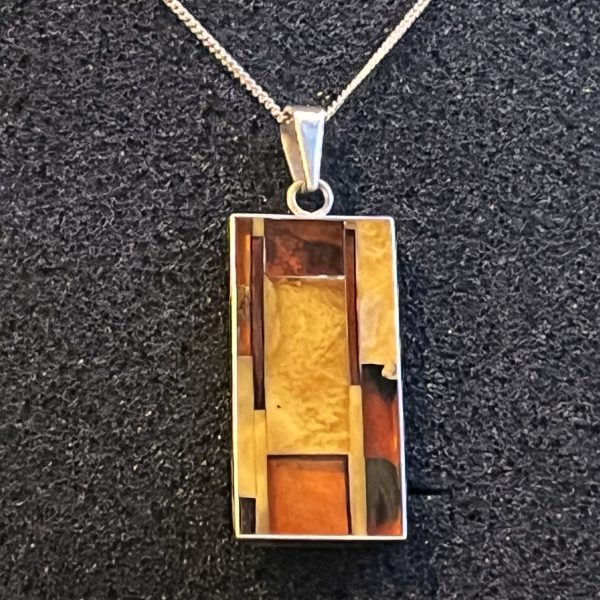 Vintage Amber Mosaic STG Silver Pendant & Chain (30cm) Maker JZ