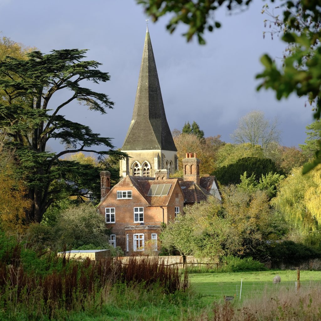 View of All Hallows Church from the River Test in Whitchurch, Hampshire