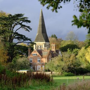 View of All Hallows Church from the River Test in Whitchurch, Hampshire