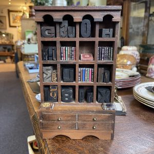 Charming Miniature Bookcase With Blank Books & Wooden Printers Letters