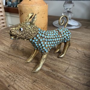 Vintage Turquoise Inlay Brass Animal Figurine, Nepal / Tibet