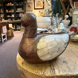 Carved Duck, Wood, Brass, Mother Of Pearl Inlay